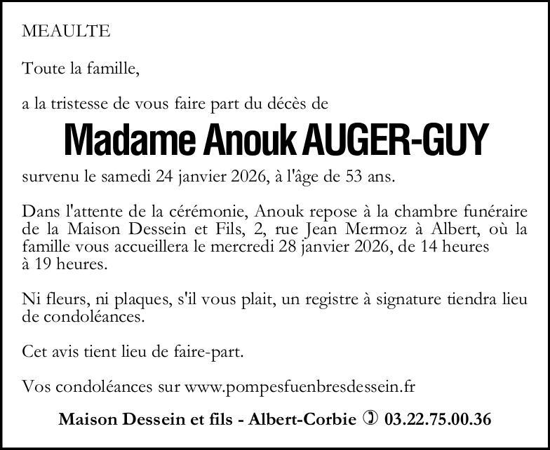 Avis de décès de Madame Anouk AUGER-GUY