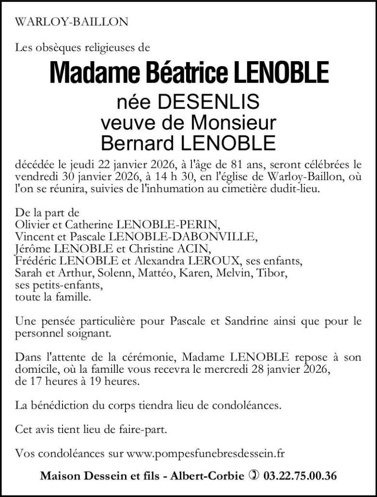 Avis de décès de Madame Béatrice LENOBLE