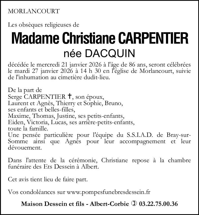 Avis de décès de Madame Christiane CARPENTIER
