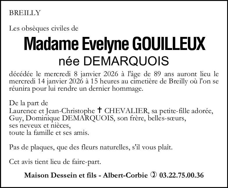 Avis de décès de Madame Evelyne GOUILLEUX née DEMARQUOIS
