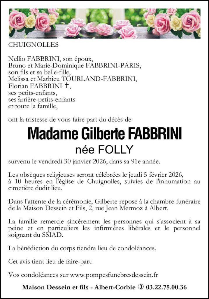Avis de décès de Madame Gilberte FABBRINI née FOLLY