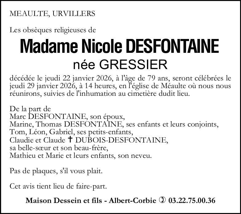 Avis de décès de Madame Nicole DESFONTAINE