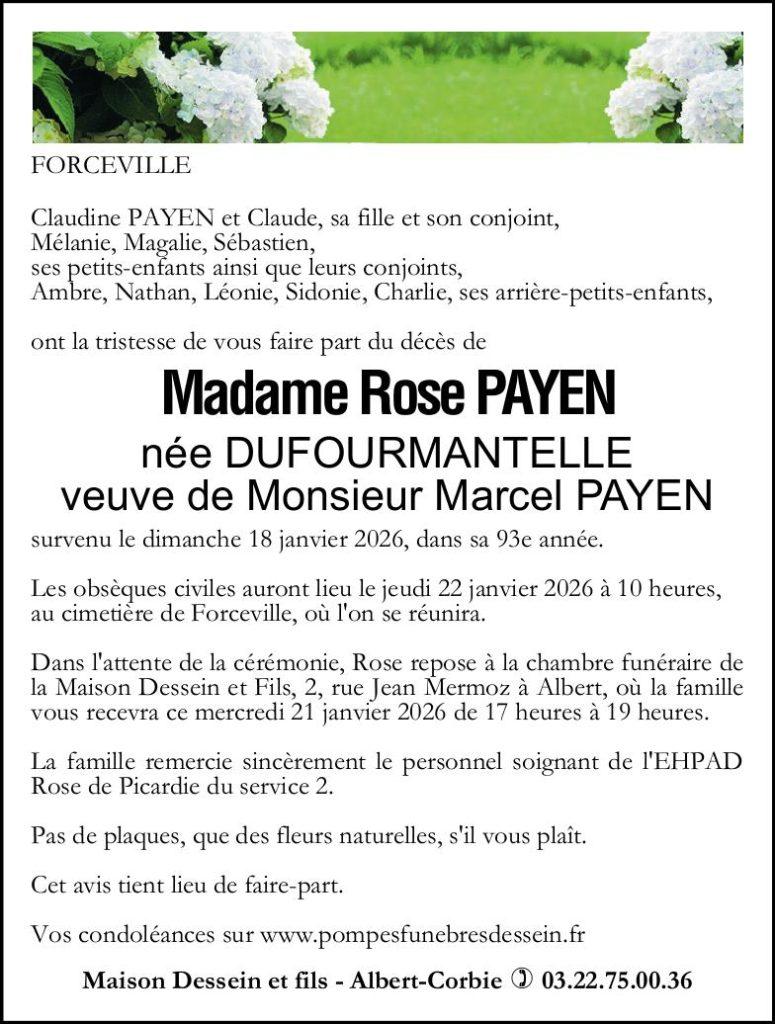 Avis de décès de Madame Rose PAYEN née DUFOURMANTELLE