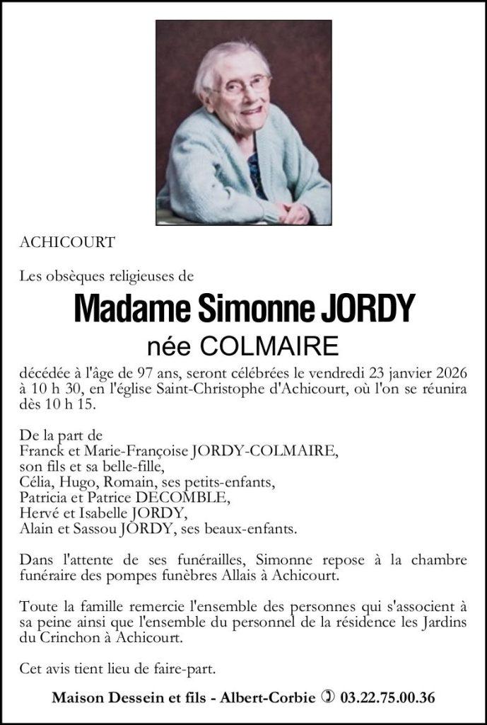 Avis de décès de Madame Simonne JORDY née COLMAIRE