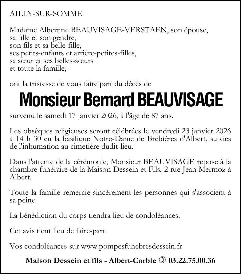 Avis de décès de Monsieur Bernard BEAUVISAGE