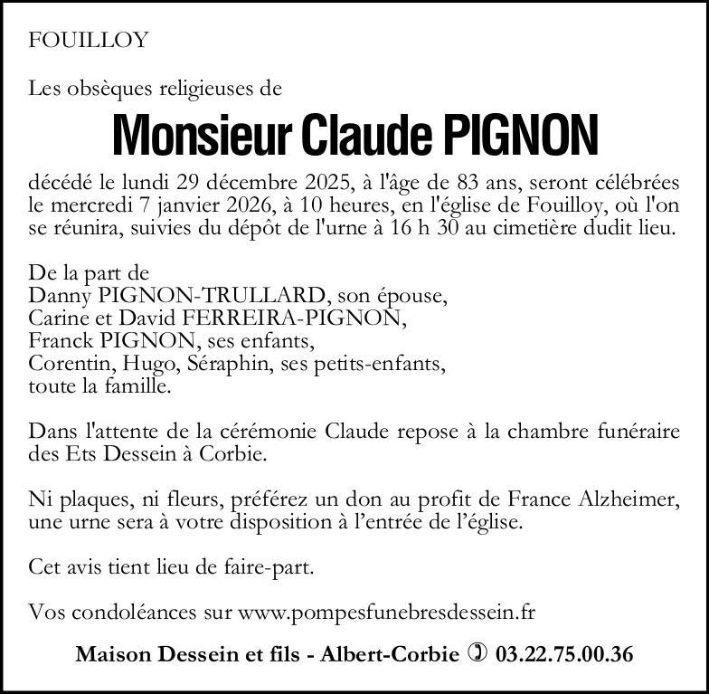 Avis de décès de Monsieur Claude PIGNON