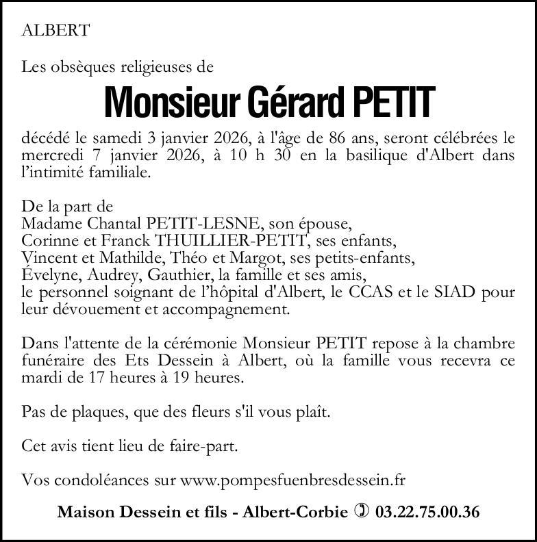 Avis de décès de Monsieur Gérard PETIT