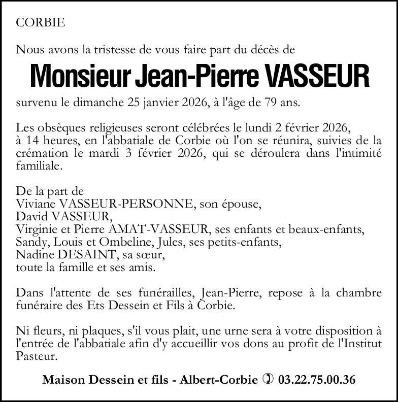 Avis de décès de Monsieur Jean-Pierre VASSEUR