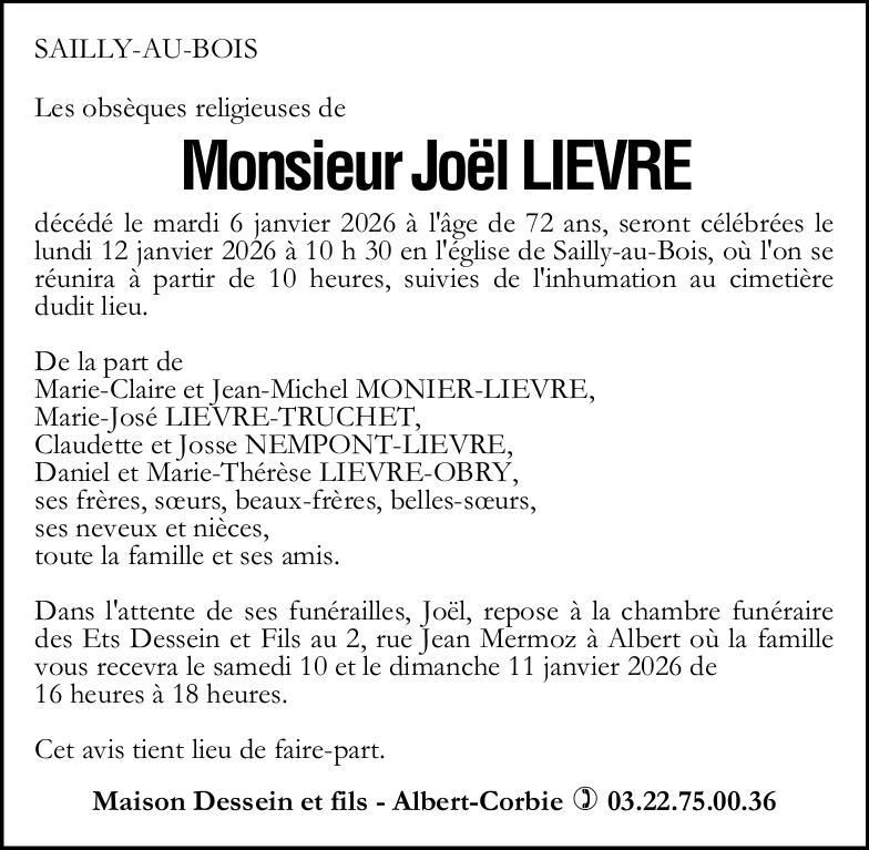 avis de décès M Joêl LIEVRE