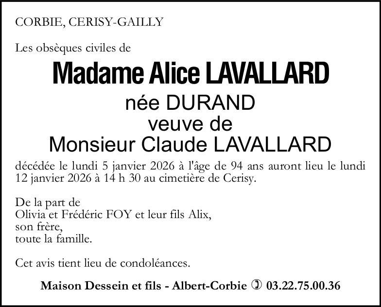 avis de décès Mme ALice LAVALLARD