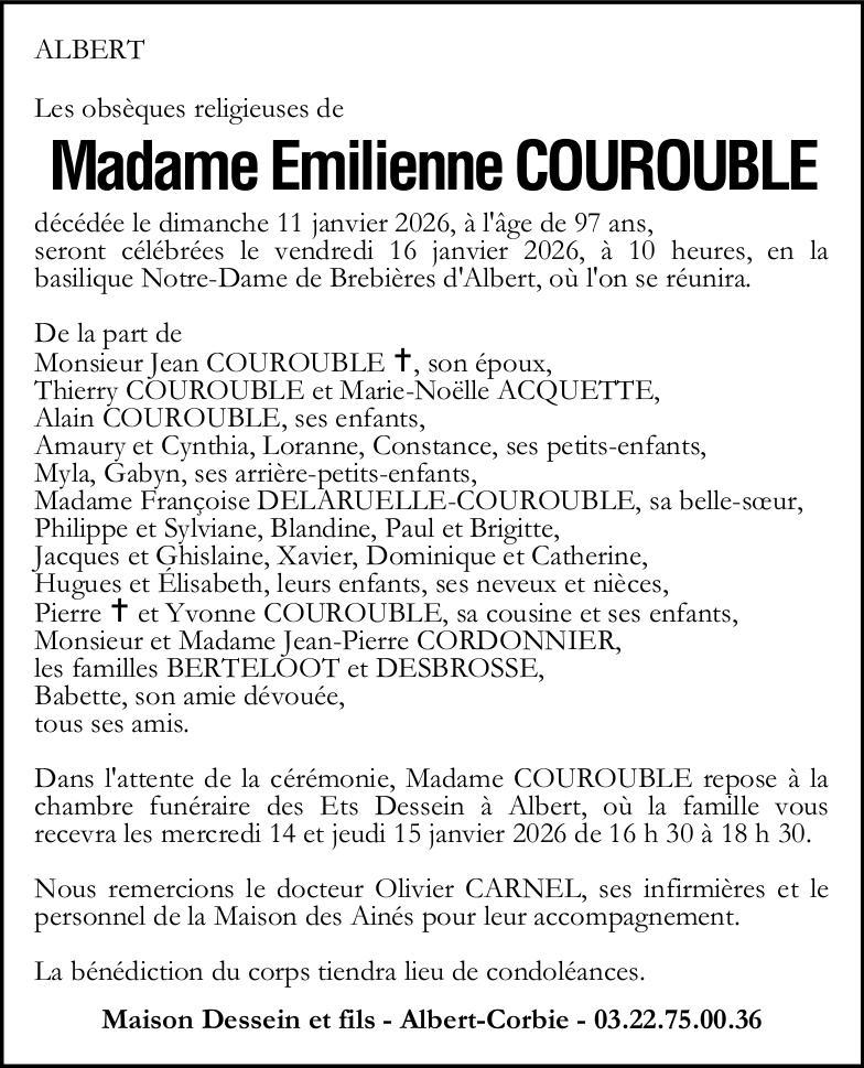avis de décès de Madame Emilienne COUROUBLE