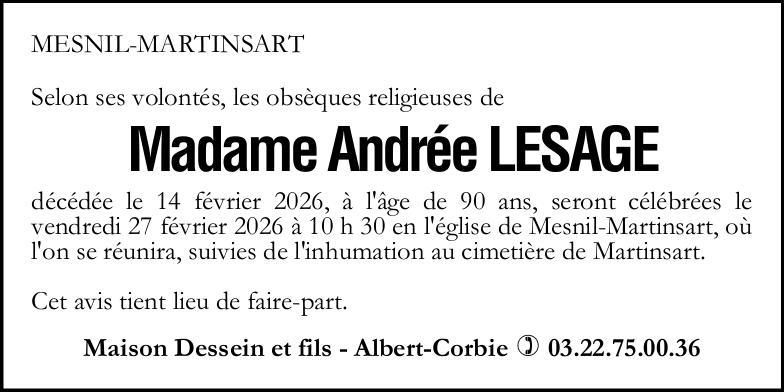 Avis de décès Madame Andrée LESAGE