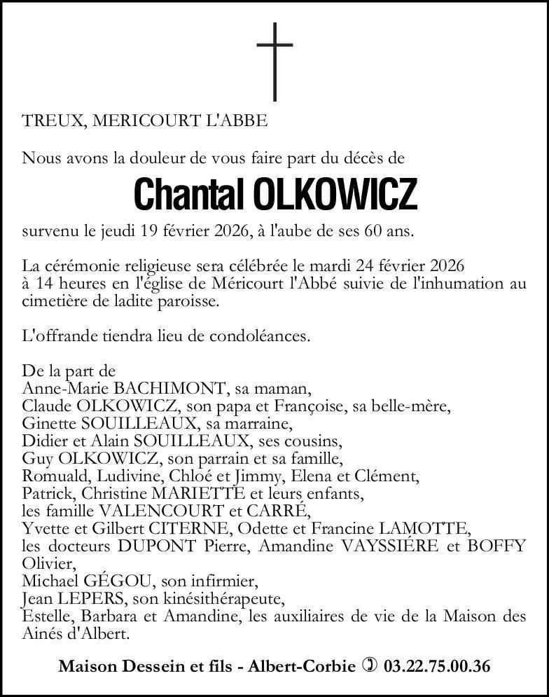 Avis de décès Madame Chantal OLKOWICZ