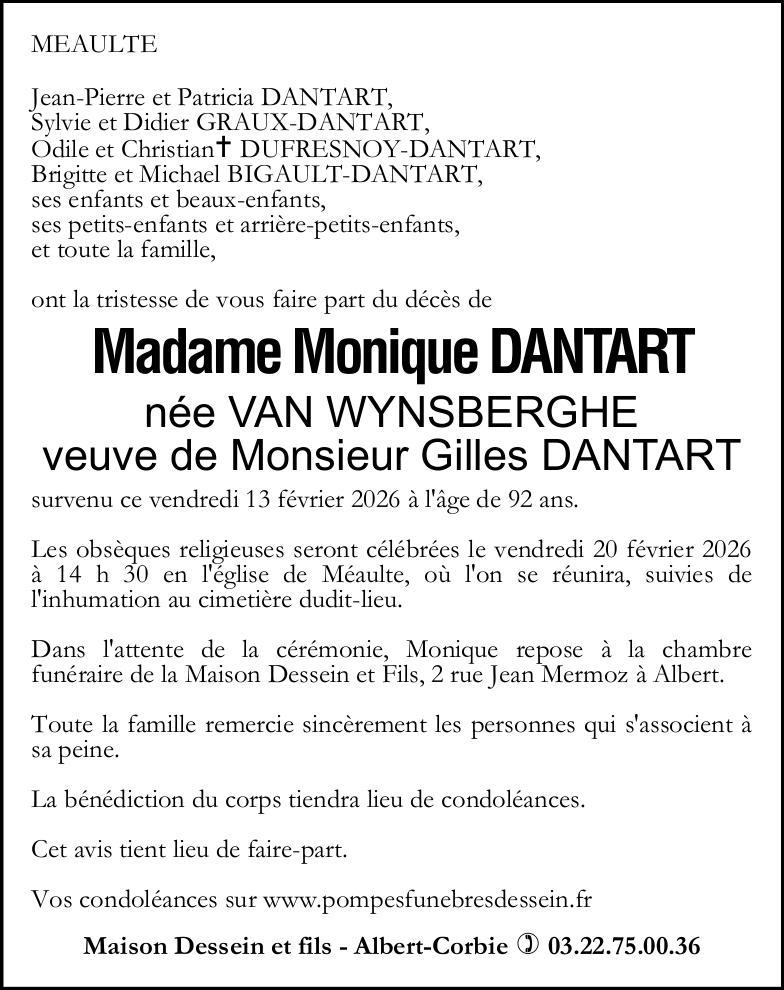 Avis de décès Madame Monique DANTART née VAN WYNSBERGHE
