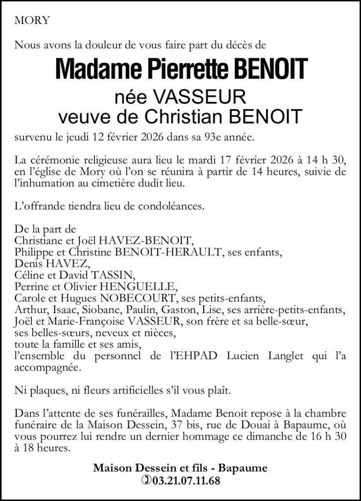 Avis de décès - Madame Pierrette BENOIT née VASSEUR