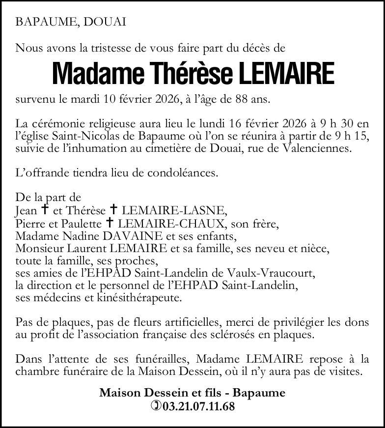 Avis de décès - Madame Thérèse LEMAIRE