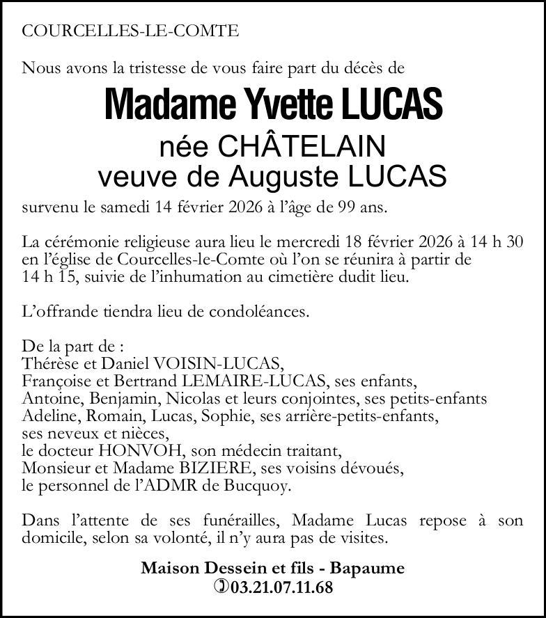 Avis de décès - Madame Yvette LUCAS née CHATELAIN