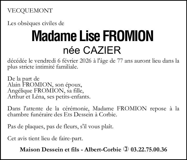 Avis de décès Mme. Lise FROMION née CAZIER