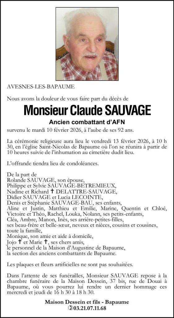 Avis de décès - Monsieur Claude SAUVAGE