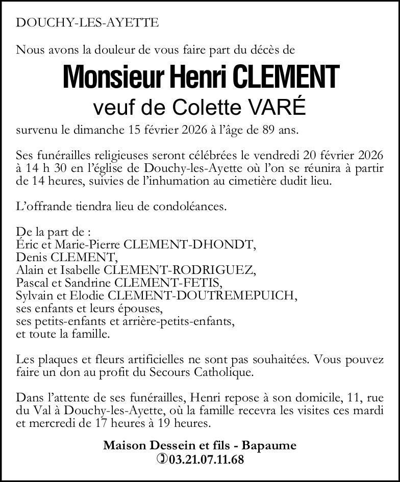Avis de décès - Monsieur Henri CLEMENT