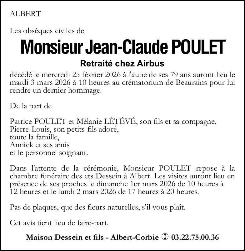 Avis de décès Monsieur Jean-Claude POULET