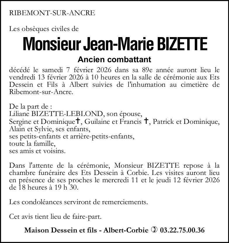 Avis de décès Monsieur Jean-Marie BIZETTE