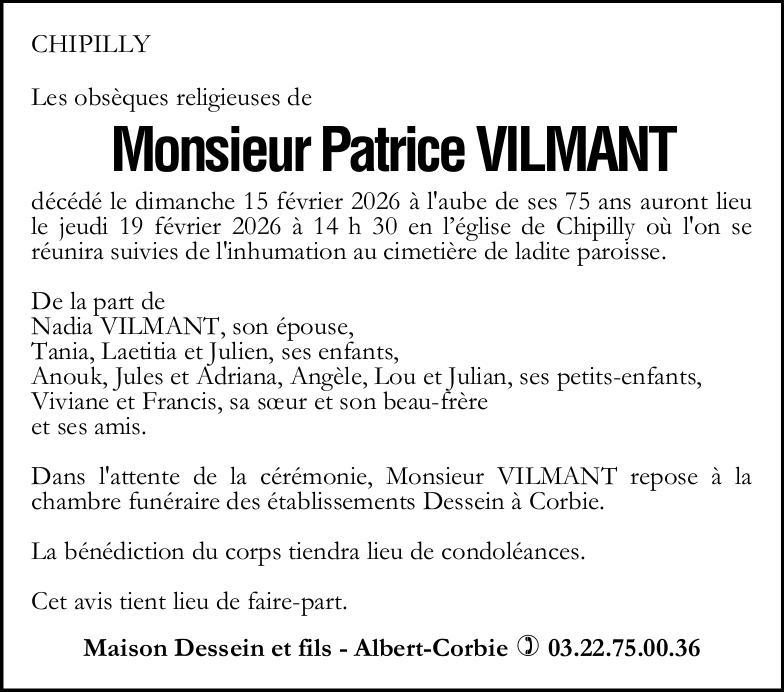 Avis de décès Monsieur Patrice VILMANT