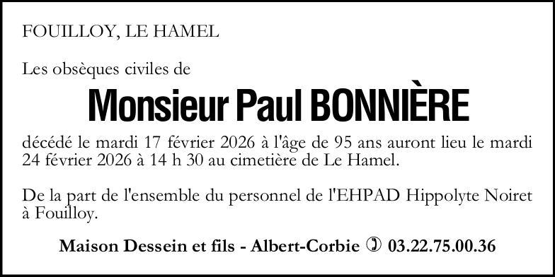 Avis de décès Monsieur Paul BONNIÈRE