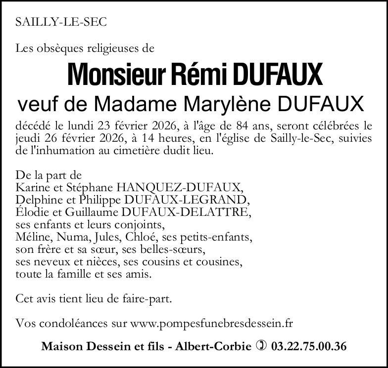 Avis de décès Monsieur Rémi DUFAUX