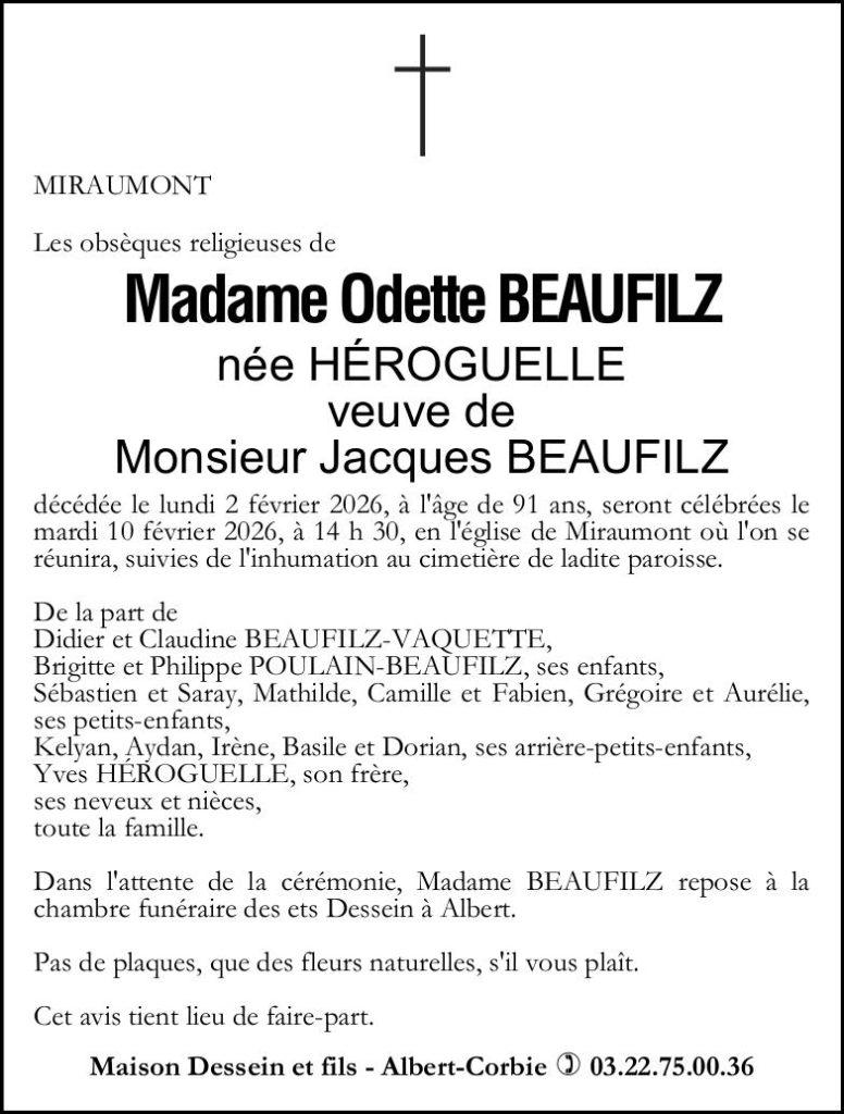 Avis de décès de Madame Odette BEAUFILZ