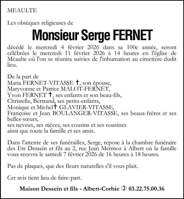 avis de décès de Monsieur FERNET Serge