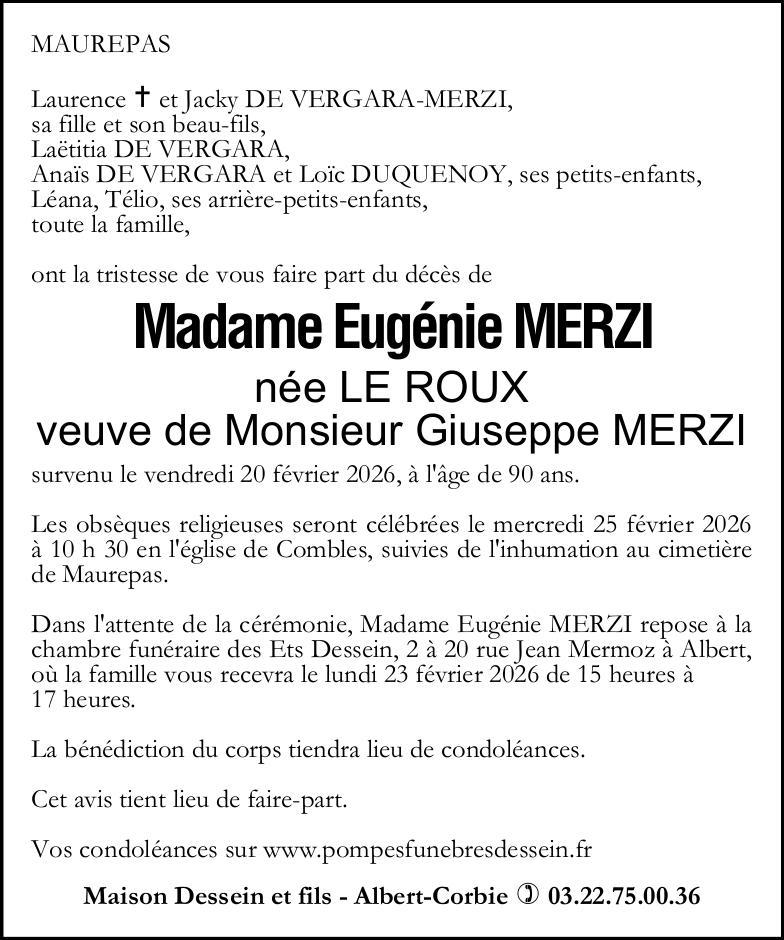Avis de décès de Madame Eugénie MERZI née LE ROUX