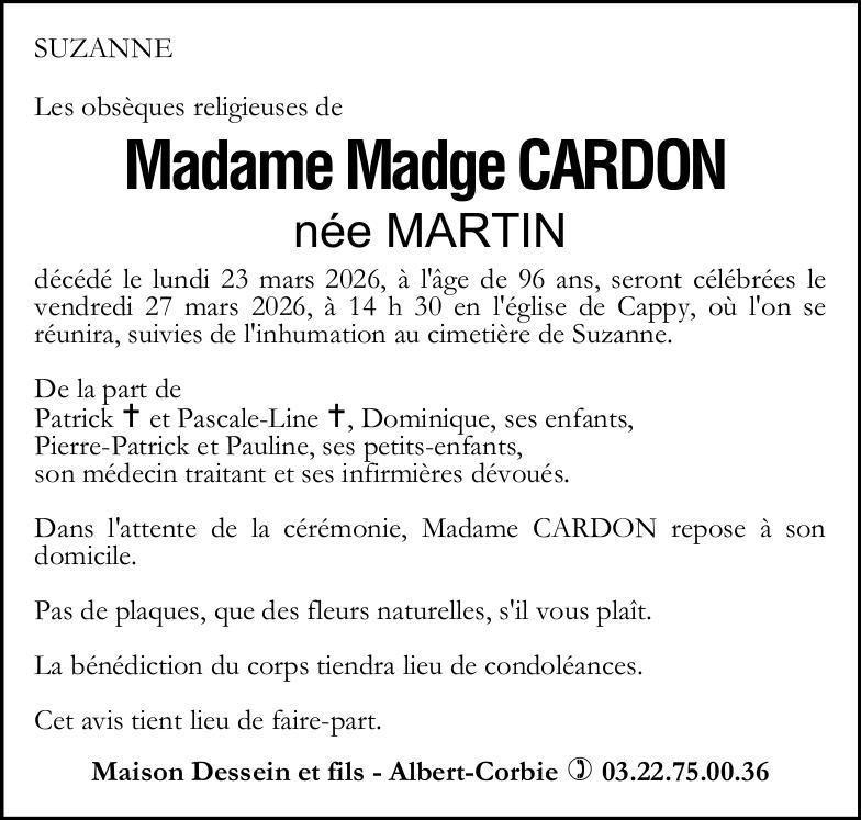 Avis de Décès Madame Madge CARDON née MARTIN