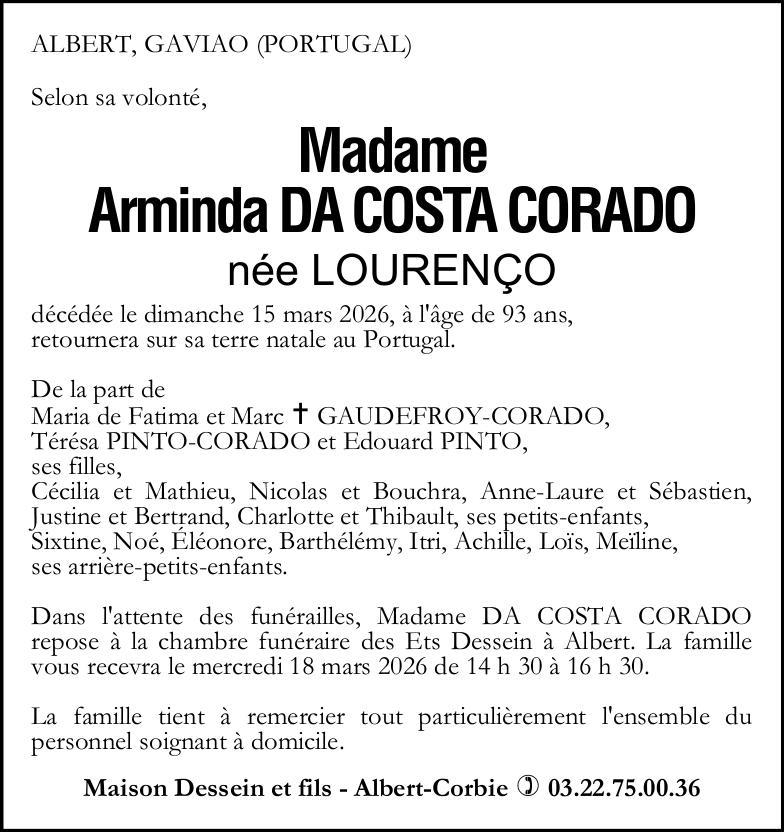 Avis de décès Madame Arminda DA COSTA CORADO née LOURENÇO