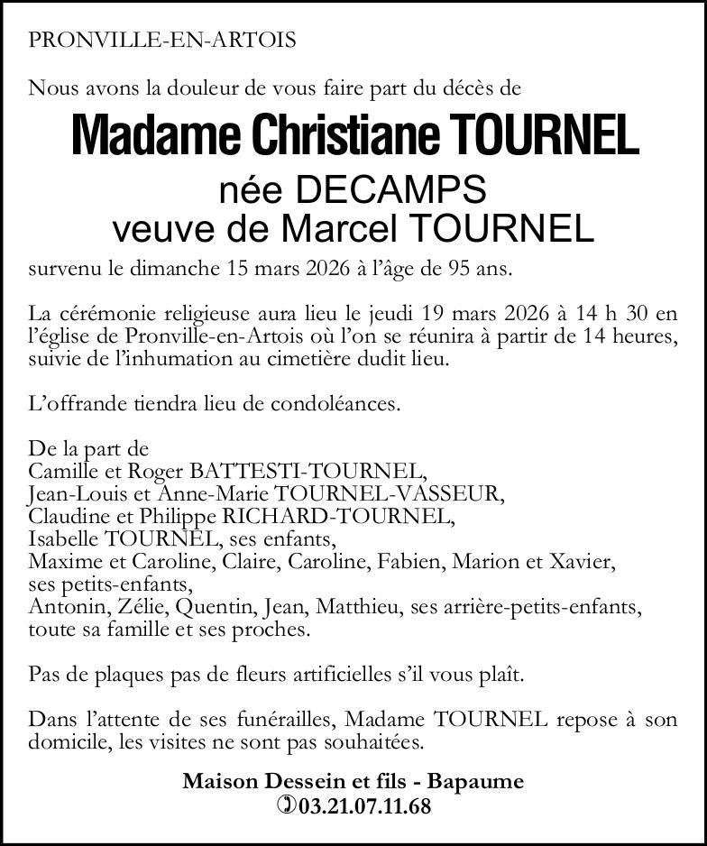 Avis de décès - Madame Christiane TOURNEL née DECAMPS