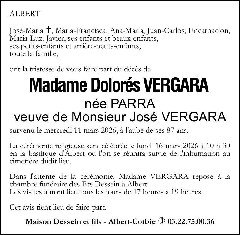 Avis de décès Madame Dolorés VERGARA née PARRA