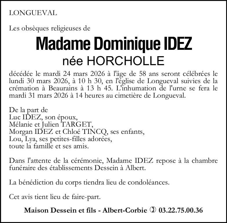 Avis de décès Madame Dominique IDEZ née HORCHOLLE