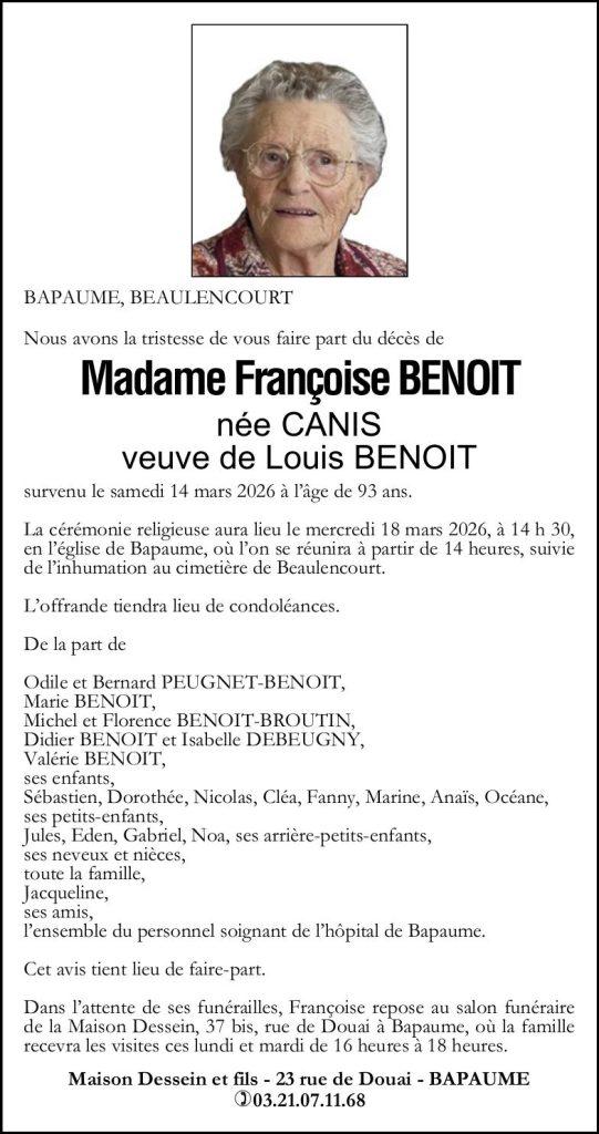 Avis de décès - Madame Françoise BENOIT née CANIS