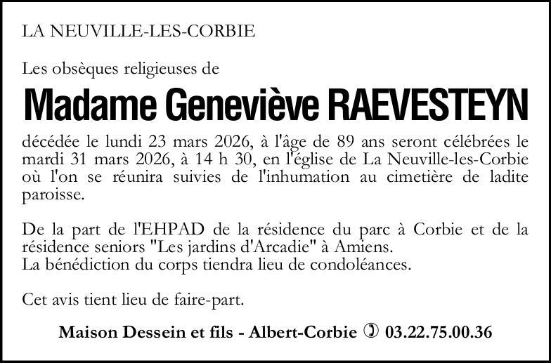 Avis de décès Madame Geneviève RAEVESTEYN
