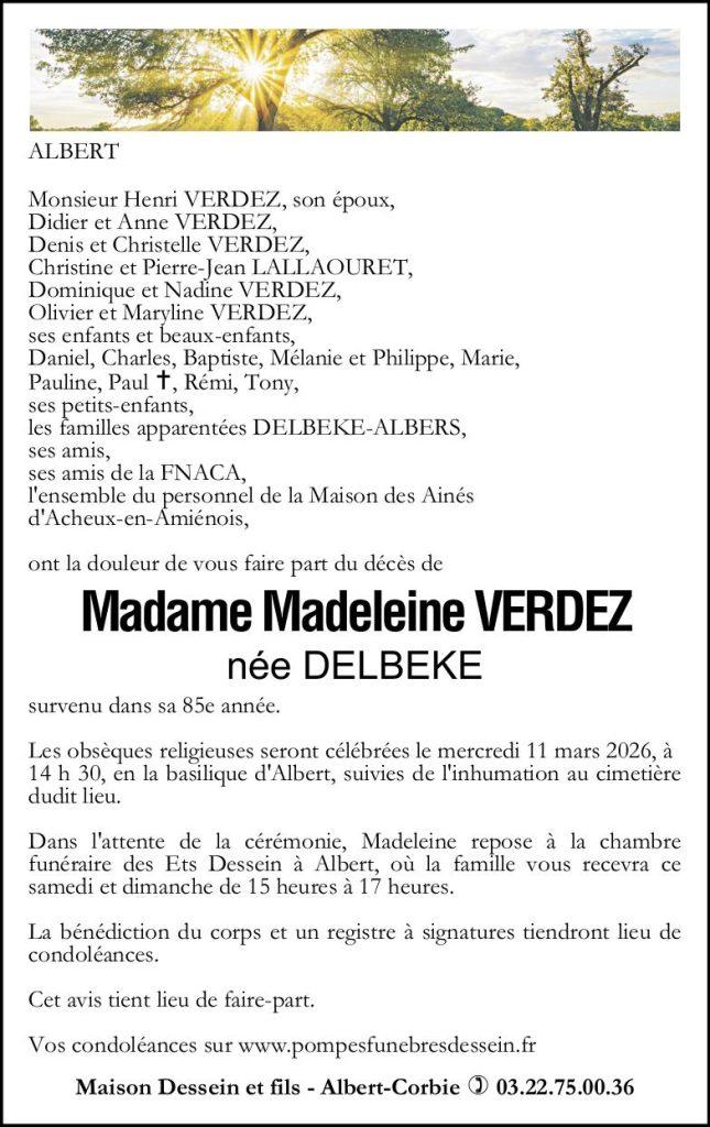 Avis de décès Madame Madeleine VERDEZ née DELBEKE