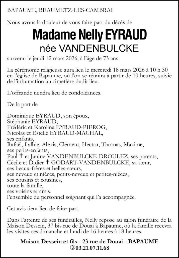 Avis de décès - Madame Nelly EYRAUD née VANDENBULCKE