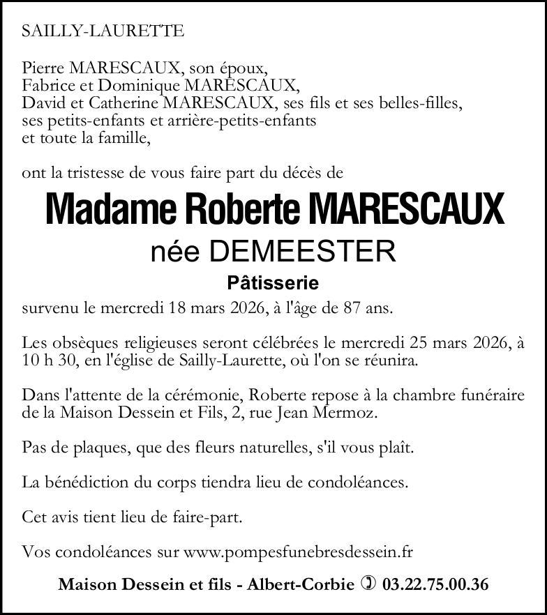 Avis de décès Madame Roberte MARESCAUX née DEMEESTER