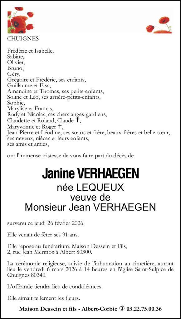 Avis de décès Madame VERHAEGEN née LEQUEUX