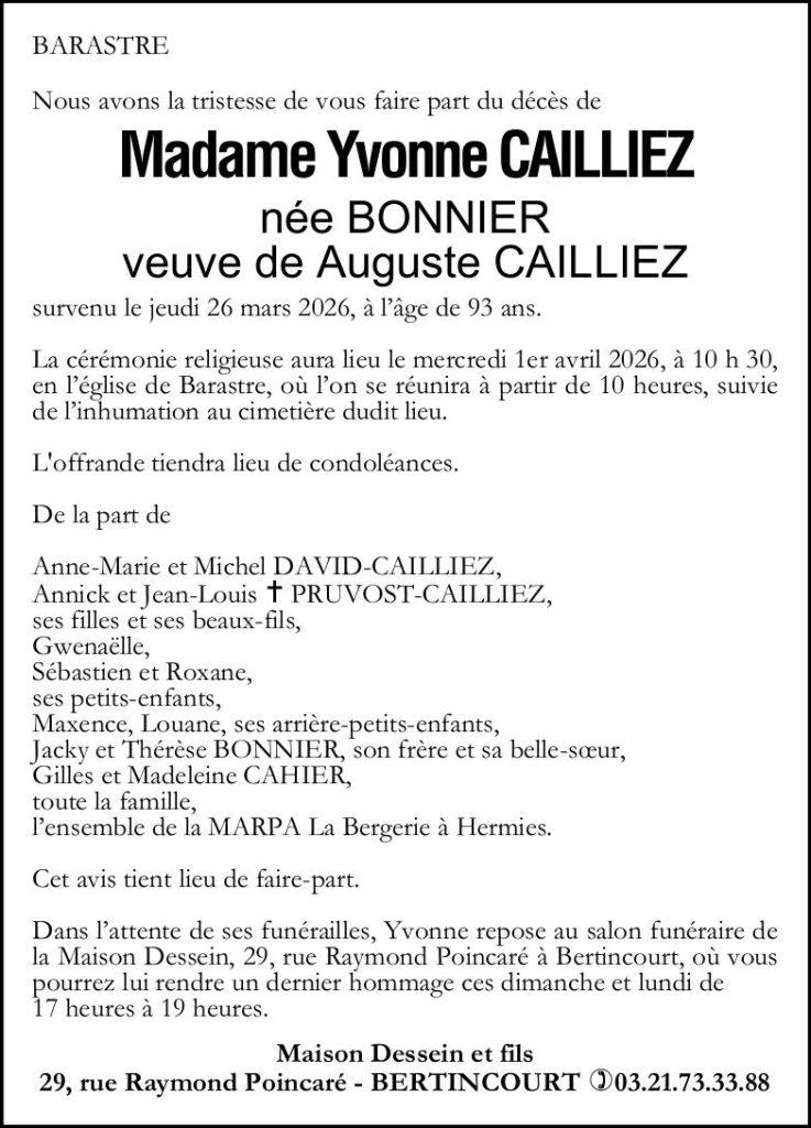 Avis de décès - Madame Yvonne CAILLIEZ née BONNIER