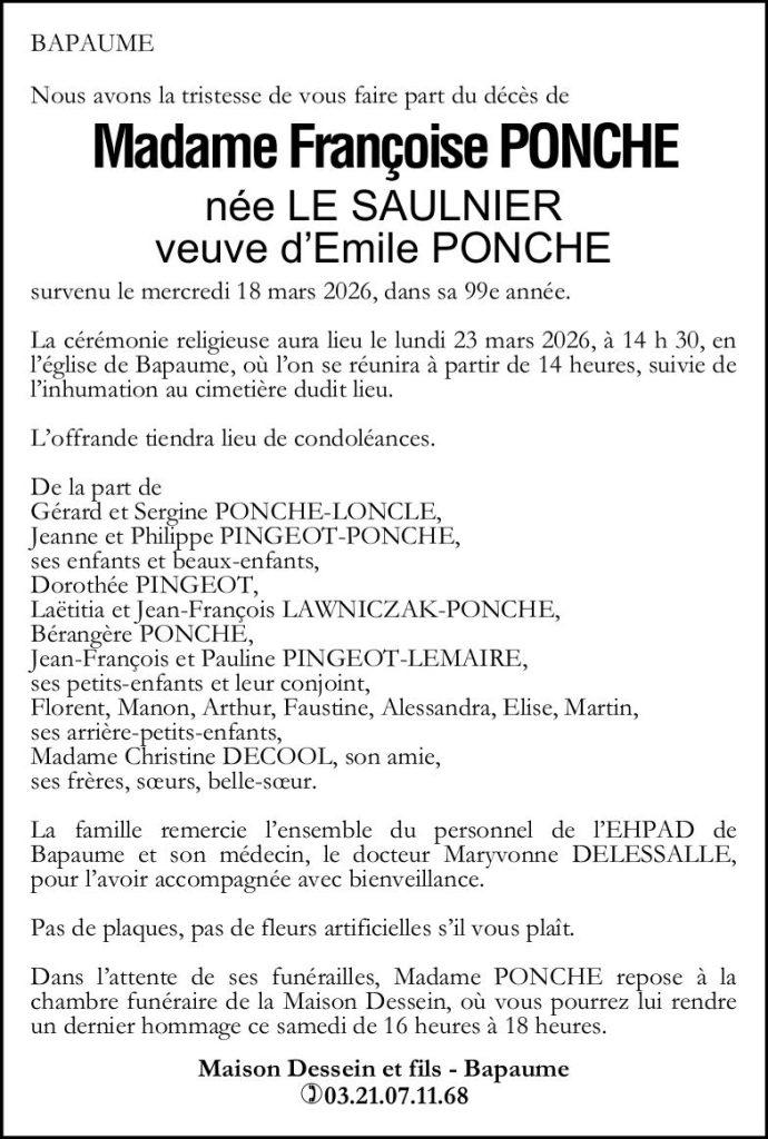 Avis de décès - Mme Françoise PONCHE née LE SAULNIER