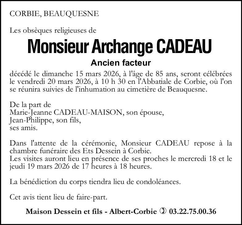Avis de décès Monsieur Archange CADEAU