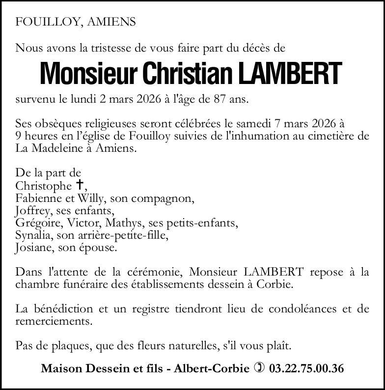 Avis de décès Monsieur Christian LAMBERT