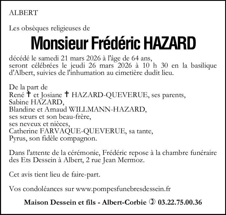 Avis de décès Monsieur Frédéric HAZARD