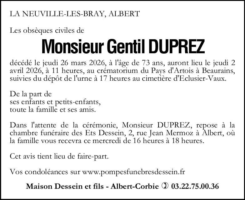 Avis de décès Monsieur Gentil DUPREZ
