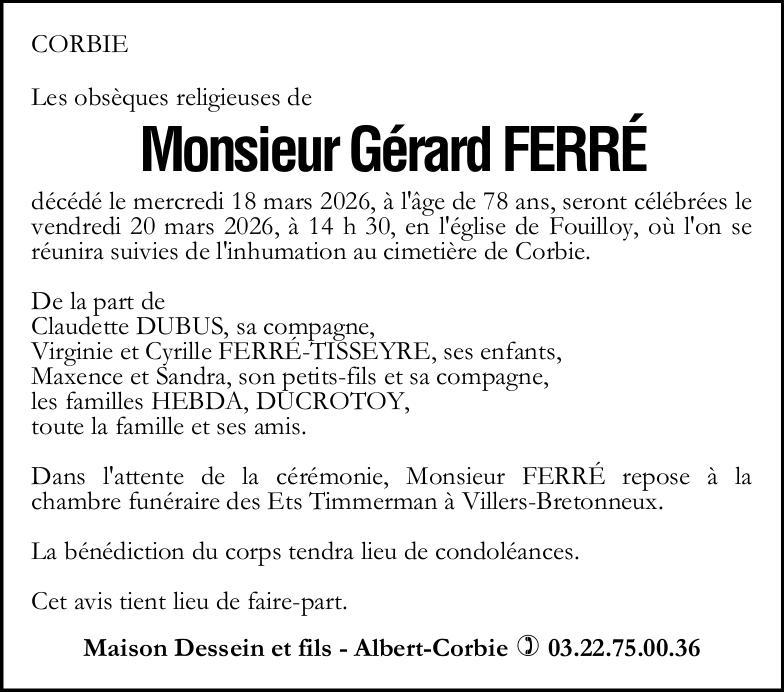 Avis de décès Monsieur Gérard FERRÉ